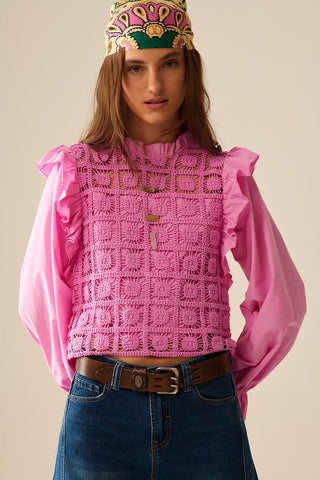 Pink Crochet Top with Ruffle Trim and long sleeves