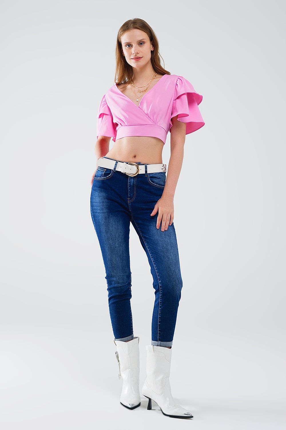 Pink Crop Top With Short Sleeves And V-neck - Tops