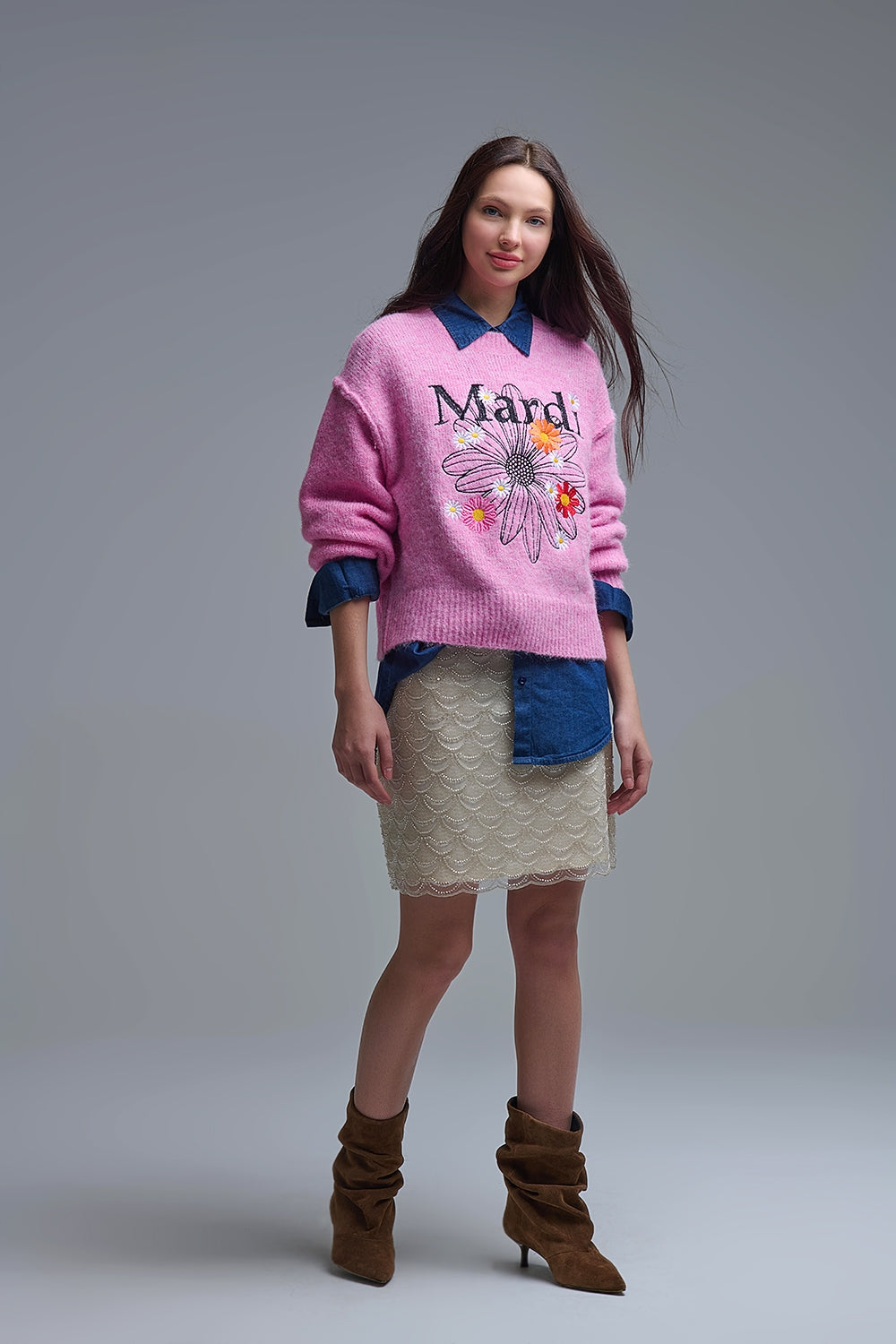 Pink Embroidered Mardi Sweater With Flowers - Sweaters