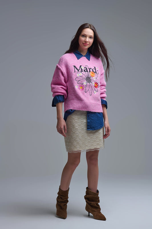 Pink Embroidered Mardi Sweater With Flowers - Sweaters