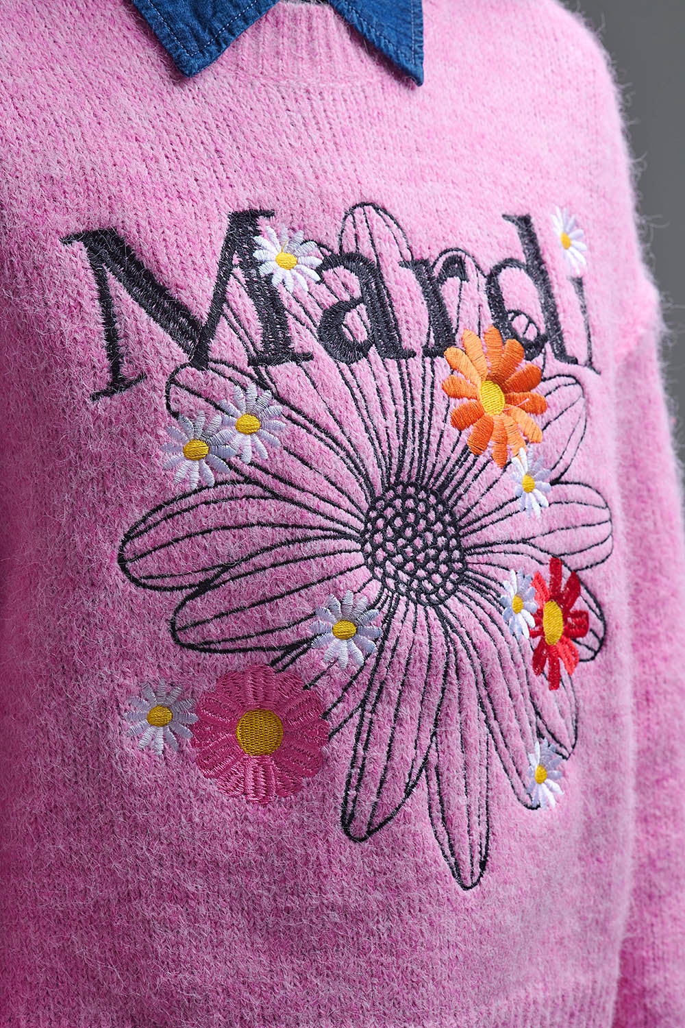 Pink Embroidered Mardi Sweater With Flowers - Sweaters