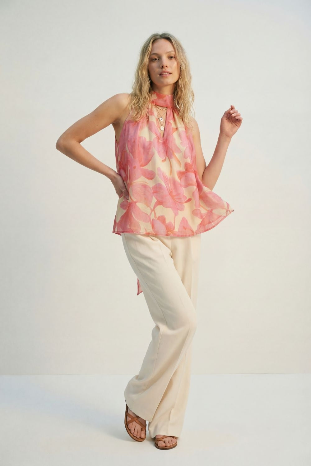 Pink Floral Soft Chiffon Halter Top - Tops