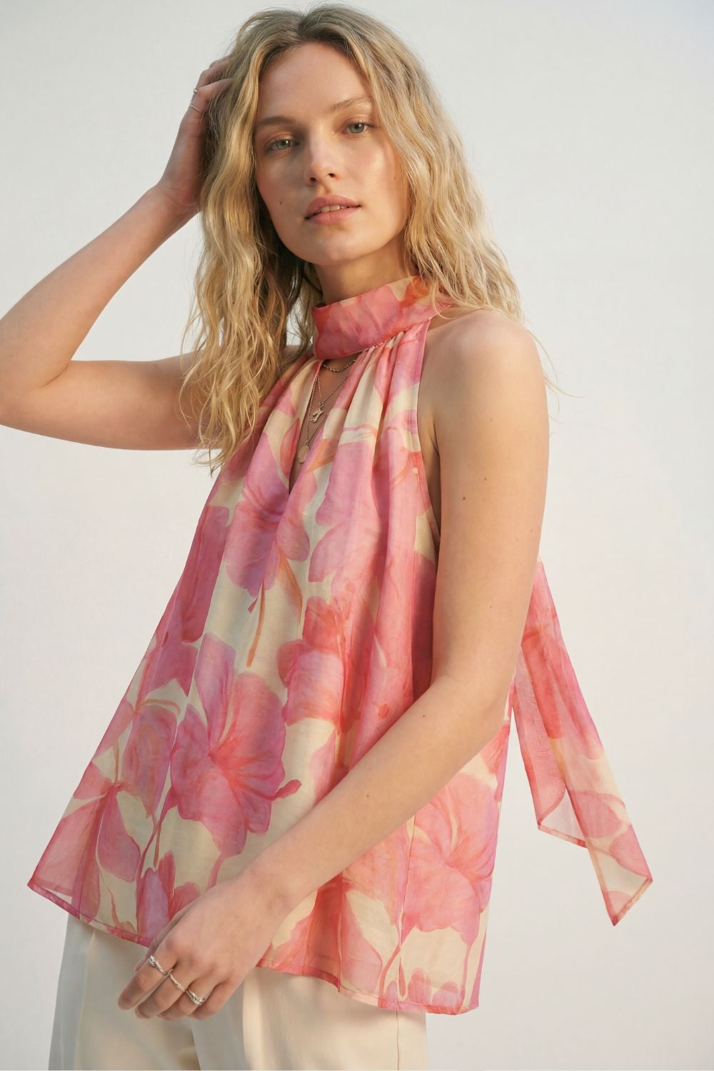 Pink Floral Soft Chiffon Halter Top - Tops