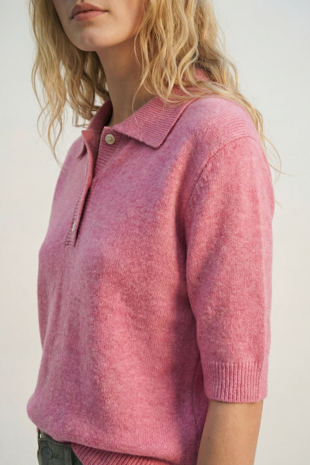Pink Fluffy Soft-Knit Polo Sweater - Polos