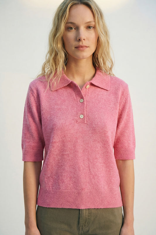 Pink Fluffy Soft-Knit Polo Sweater - Polos