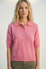 Pink Fluffy Soft-Knit Polo Sweater