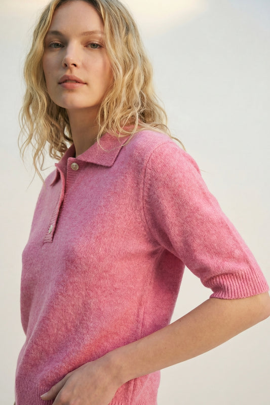 Pink Fluffy Soft-Knit Polo Sweater - Polos