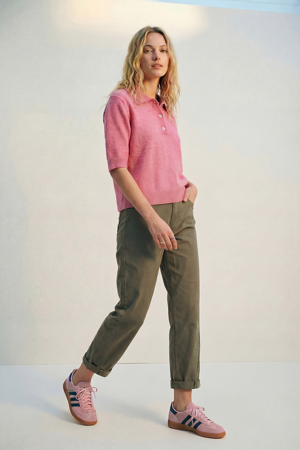 Pink Fluffy Soft-Knit Polo Sweater - Polos