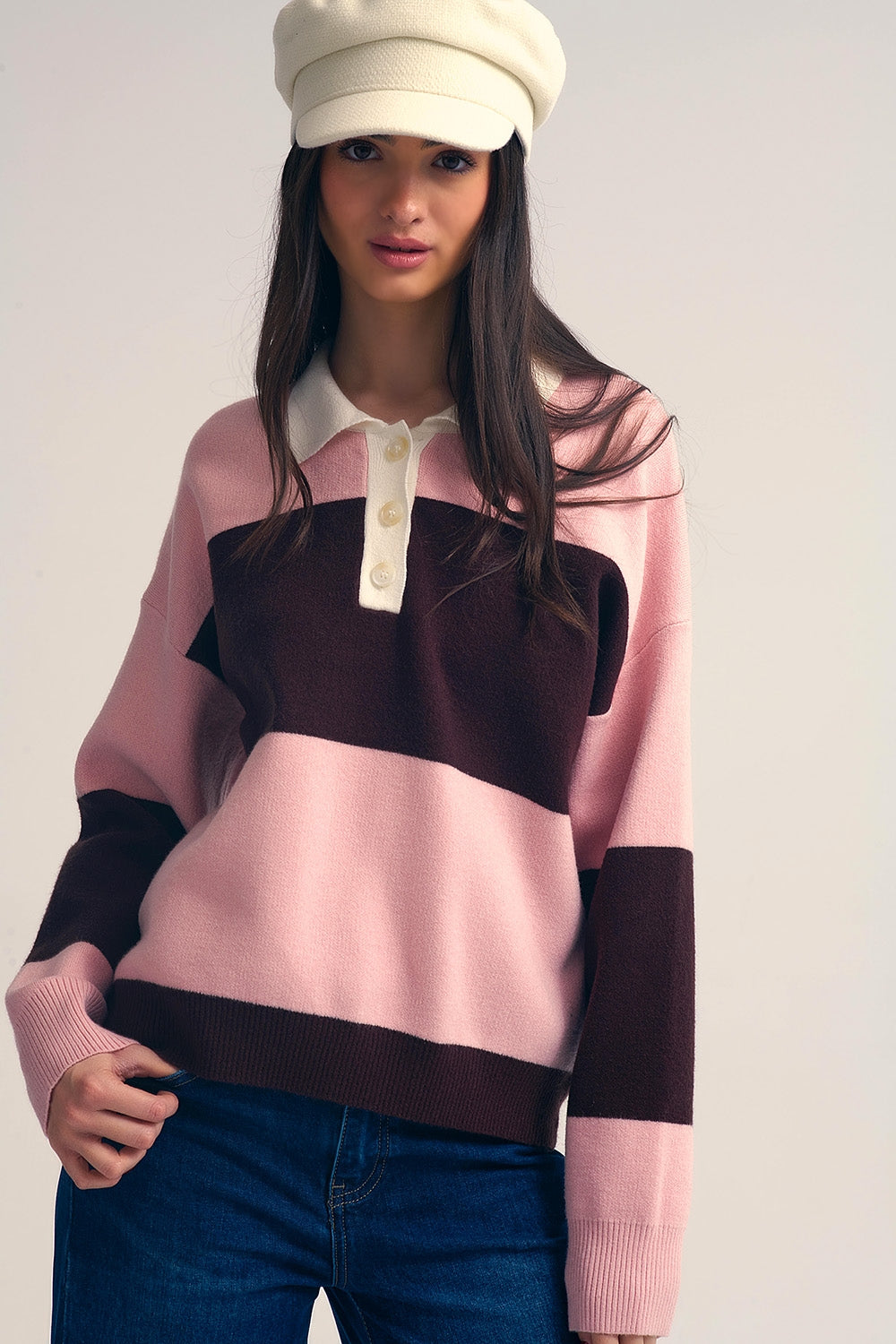 Pink Knit Polo Sweater with Brown Stripes - Sweaters