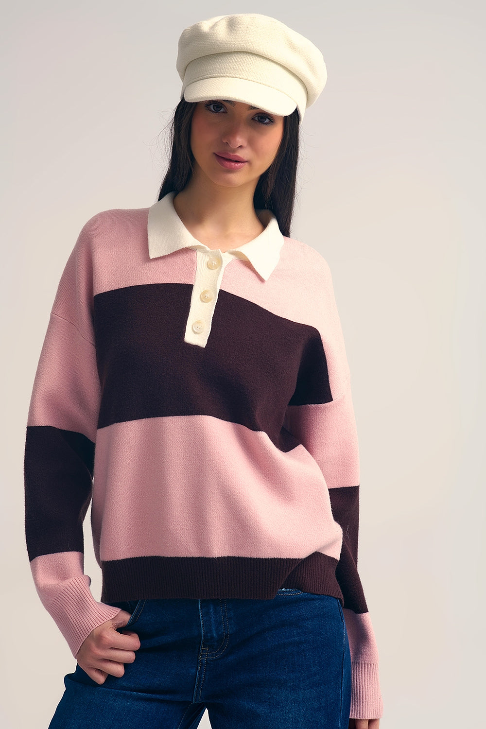 Pink Knit Polo Sweater with Brown Stripes - Sweaters