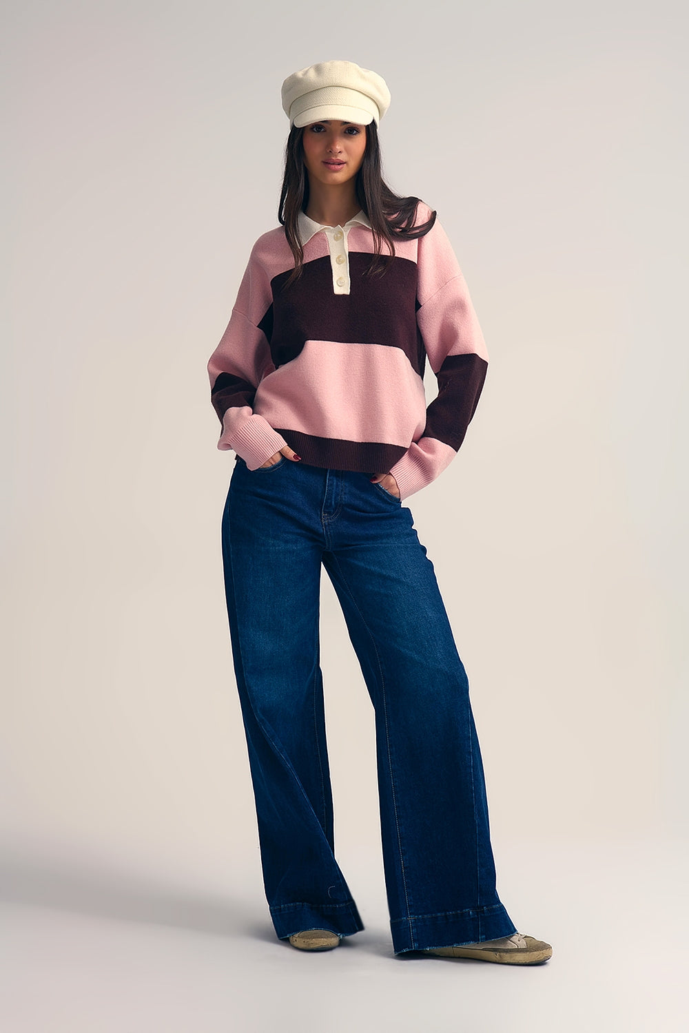 Pink Knit Polo Sweater with Brown Stripes - Sweaters