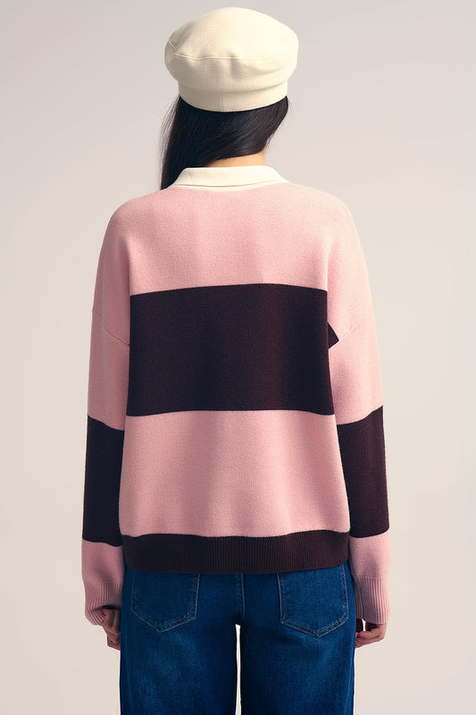 Pink Knit Polo Sweater with Brown Stripes - Sweaters