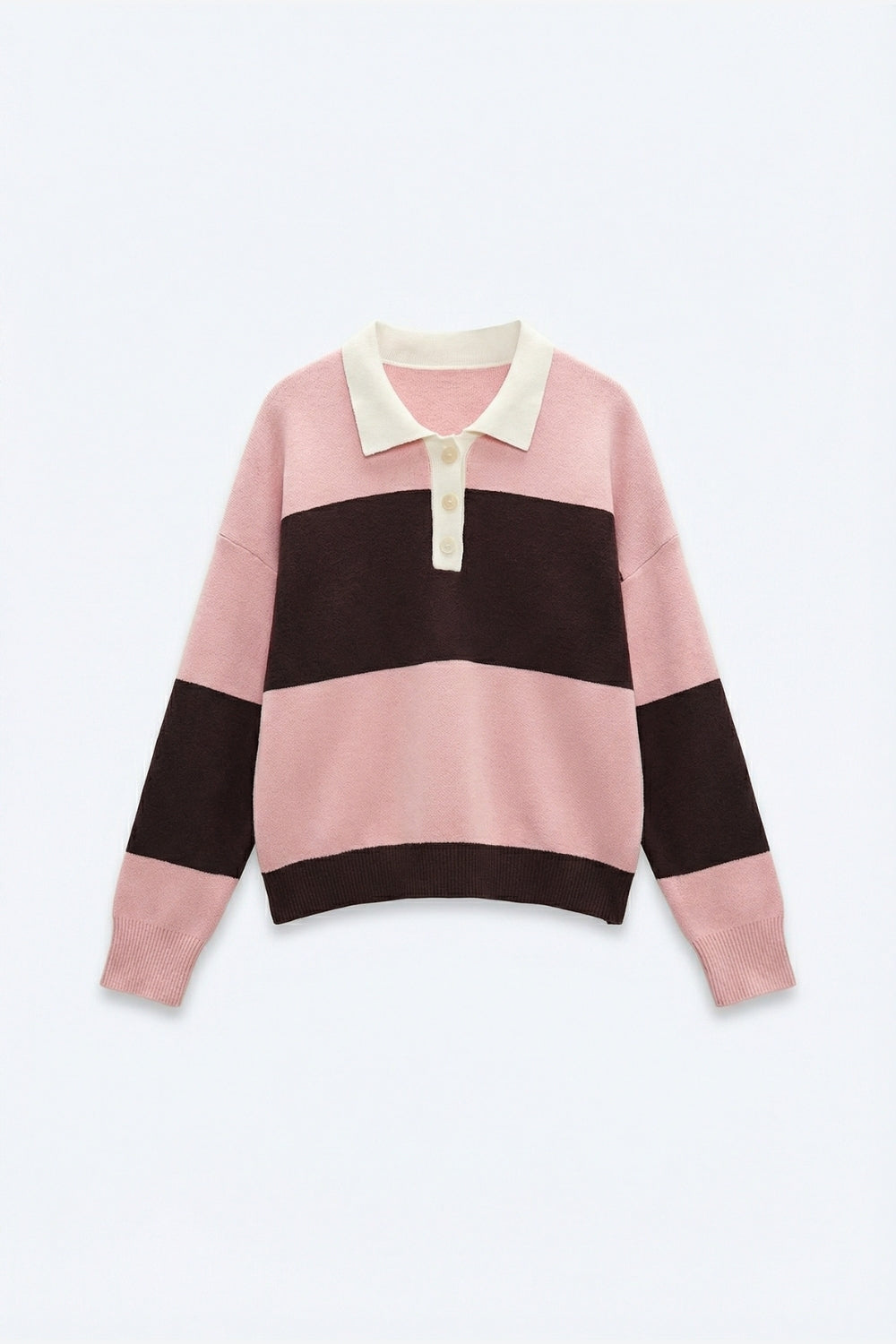 Pink Knit Polo Sweater with Brown Stripes - Sweaters