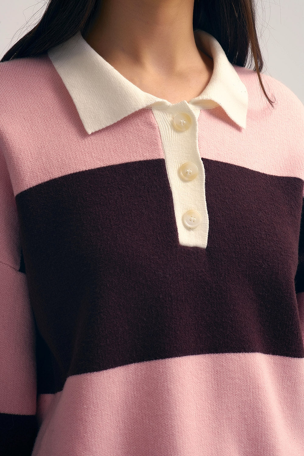 Pink Knit Polo Sweater with Brown Stripes - Sweaters