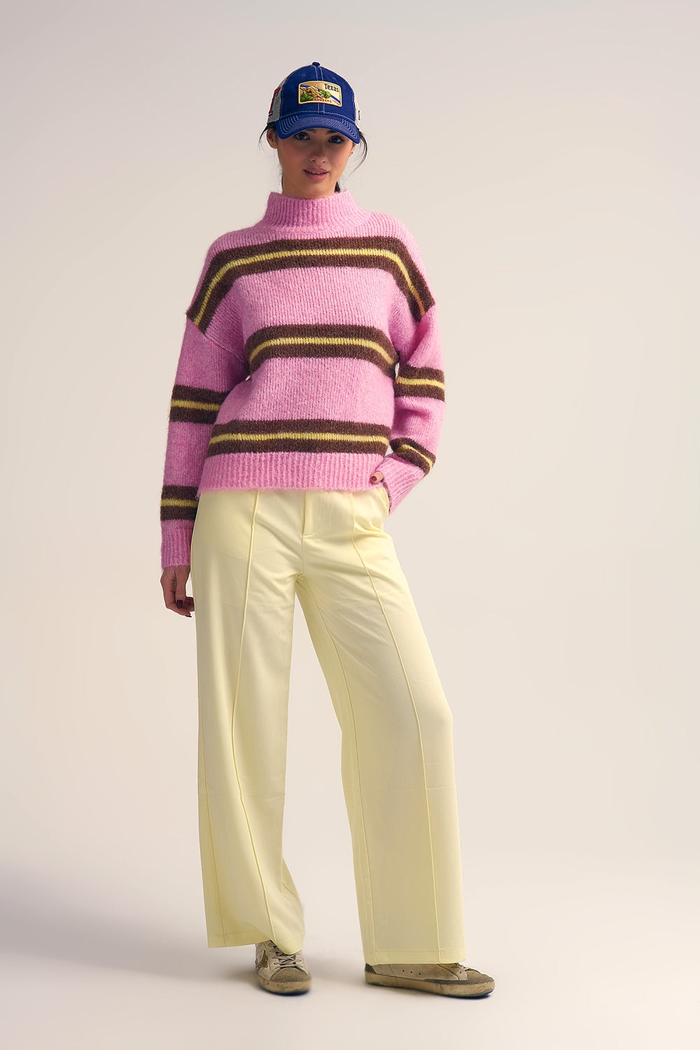 Pink Knitted Sweater with Brown and Yellow Stripes - Sweaters