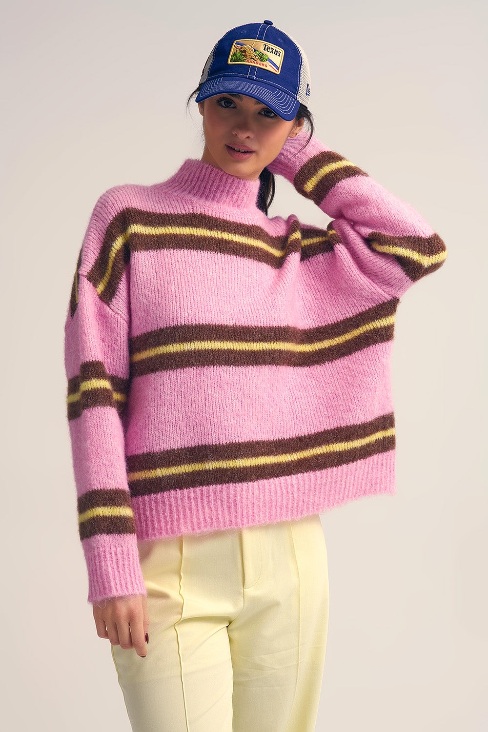 Pink Knitted Sweater with Brown and Yellow Stripes - Sweaters