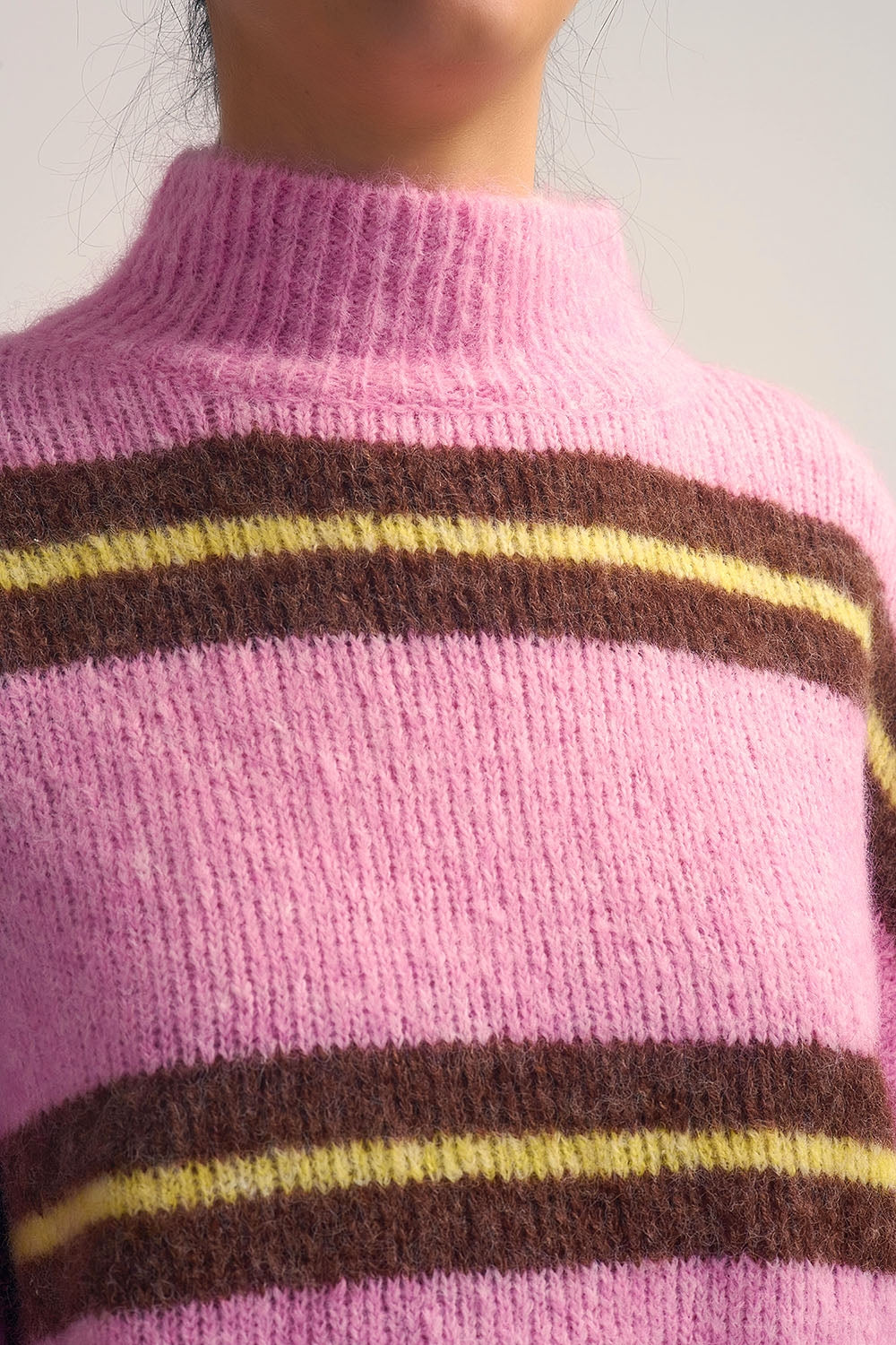 Pink Knitted Sweater with Brown and Yellow Stripes - Sweaters