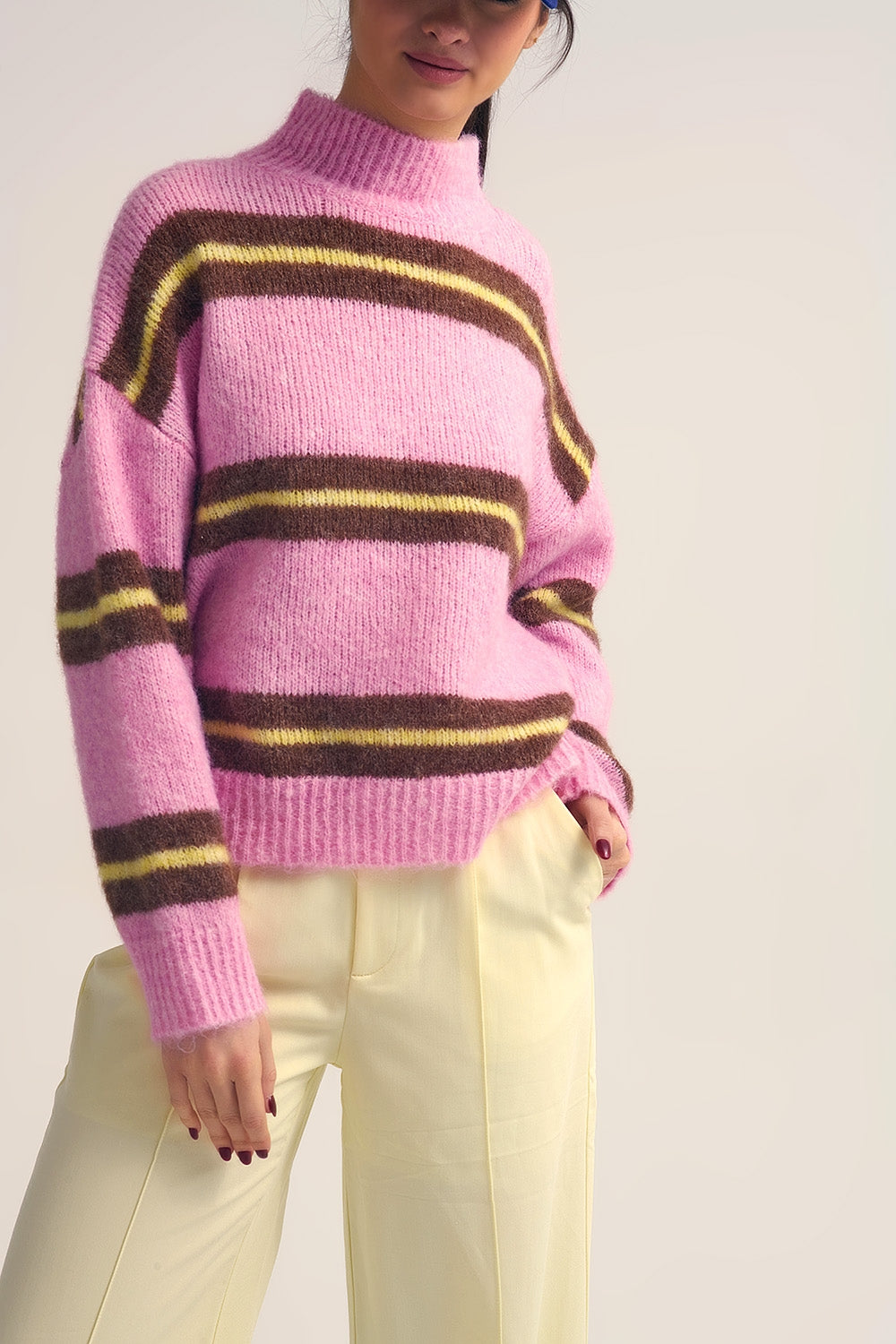 Pink Knitted Sweater with Brown and Yellow Stripes - Sweaters