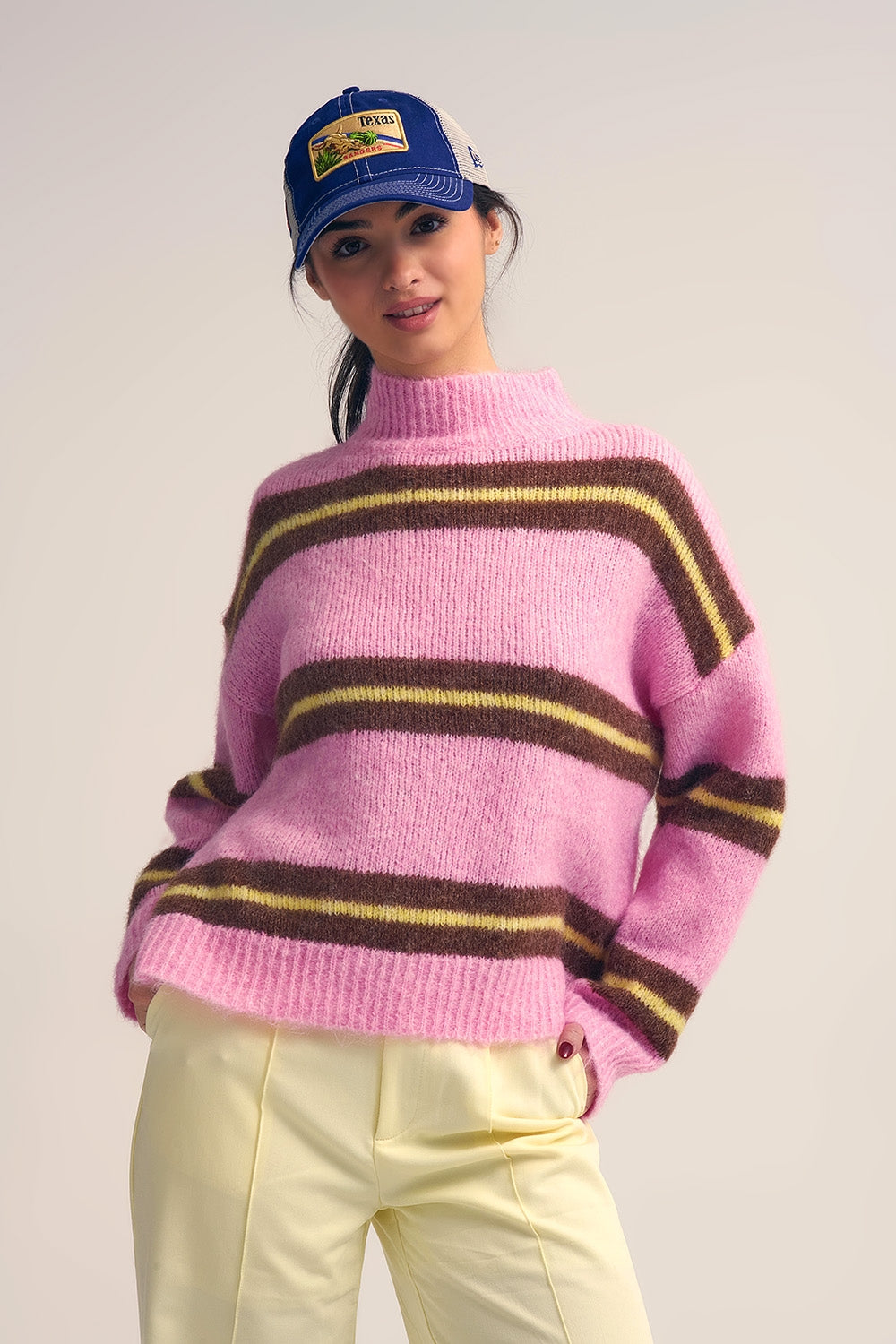 Pink Knitted Sweater with Brown and Yellow Stripes - Sweaters