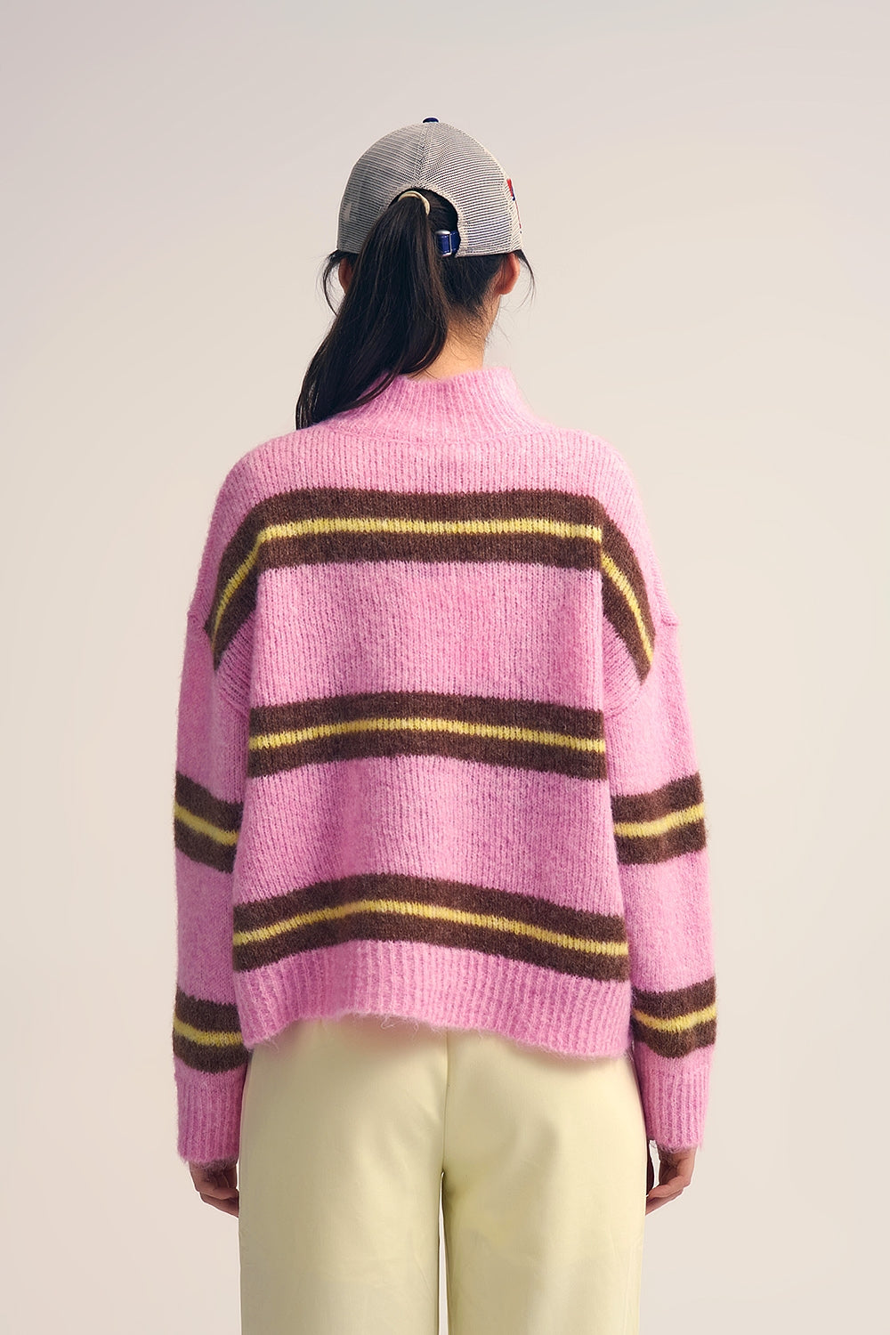 Pink Knitted Sweater with Brown and Yellow Stripes - Sweaters