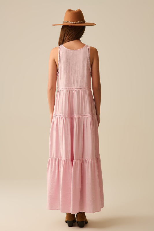 Pink Maxi Dress With Lace Details and boho style - Dresses