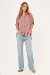 Pink Oversized Striped Poplin Shirt with Starfish Buttons