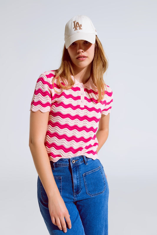 Pink polo with fuchsia wavy stripes - Polos