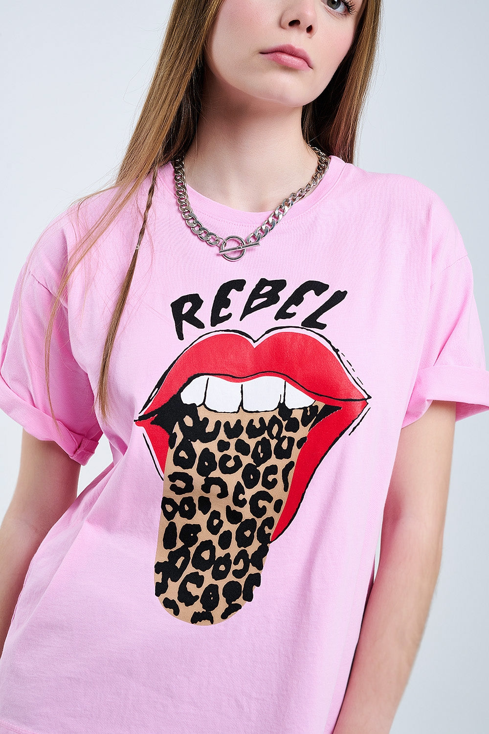 Pink Rebel Graphic Tee with Leopard Print Tongue - T-shirts
