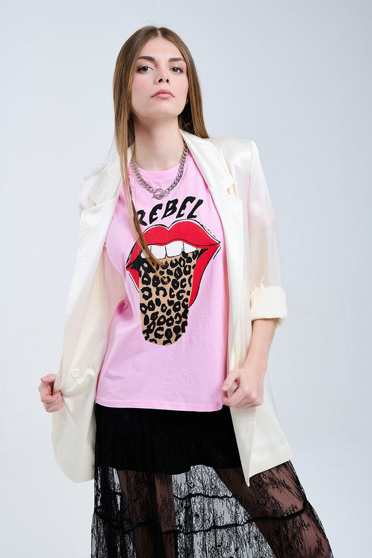 Pink Rebel Graphic Tee with Leopard Print Tongue - T-shirts