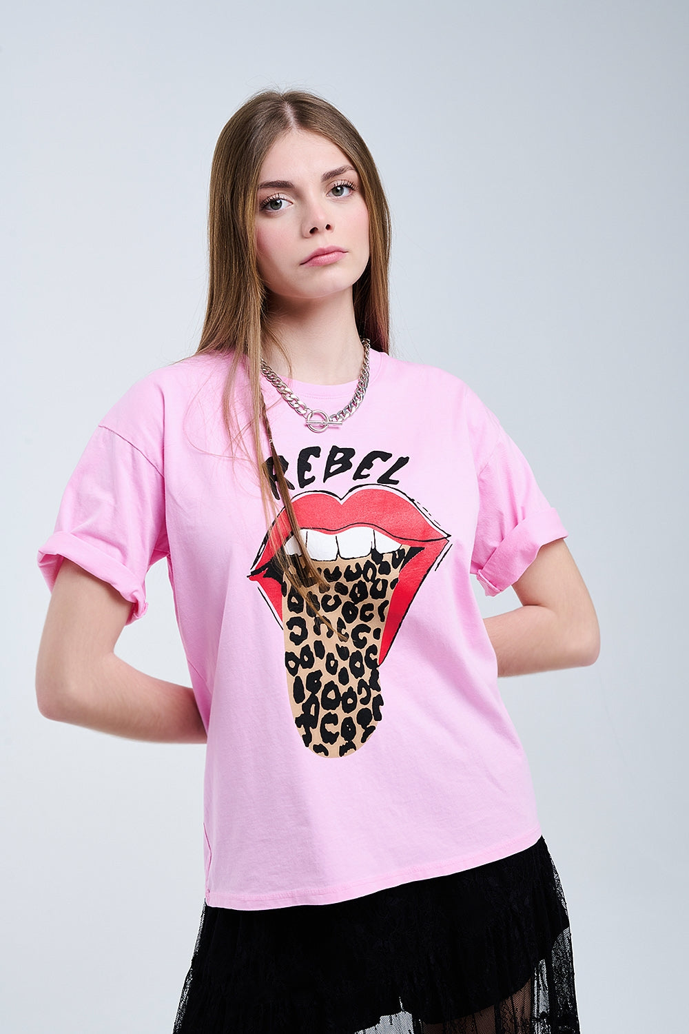 Pink Rebel Graphic Tee with Leopard Print Tongue - T-shirts