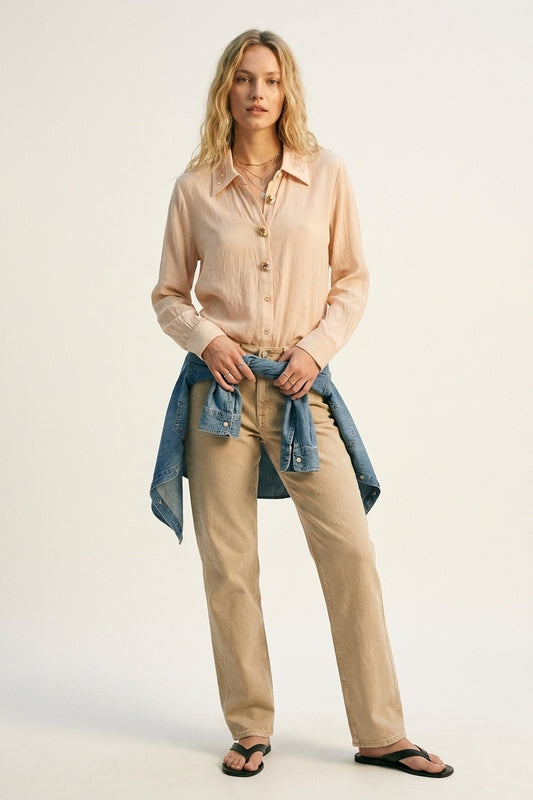 Pink Semi-Sheer Button-Up Shirt with Embroidered sequin Collar - Shirts