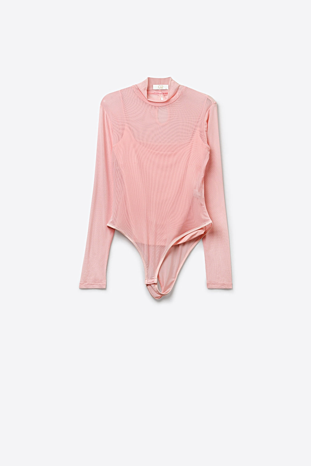 Pink Sheer Mesh Long Sleeve Bodysuit with Mock Neck - Tops