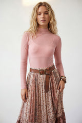 Pink Sheer Mesh Long Sleeve Bodysuit with Mock Neck