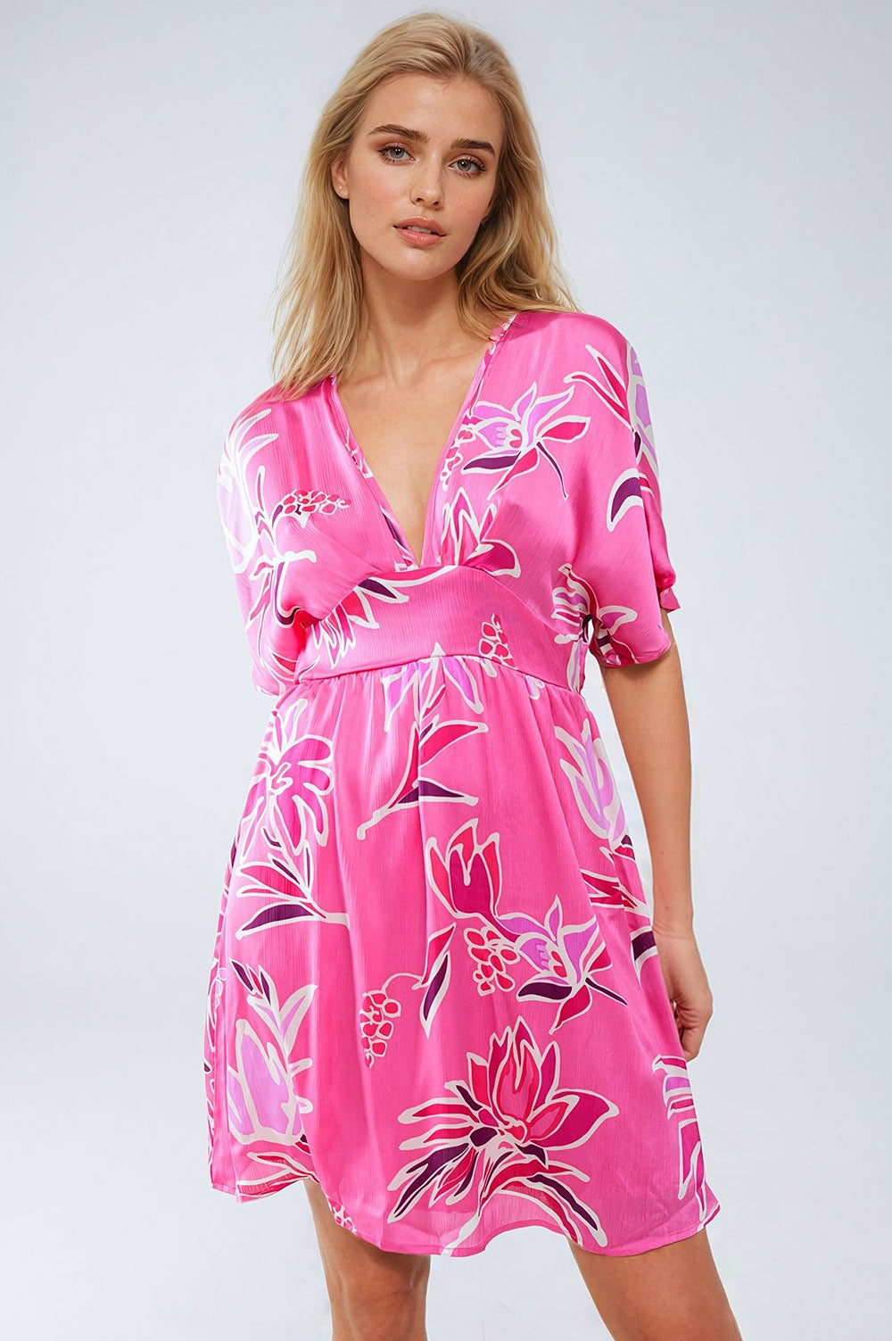 Pink Short Dress With Flower Print And V-neckline - Dresses