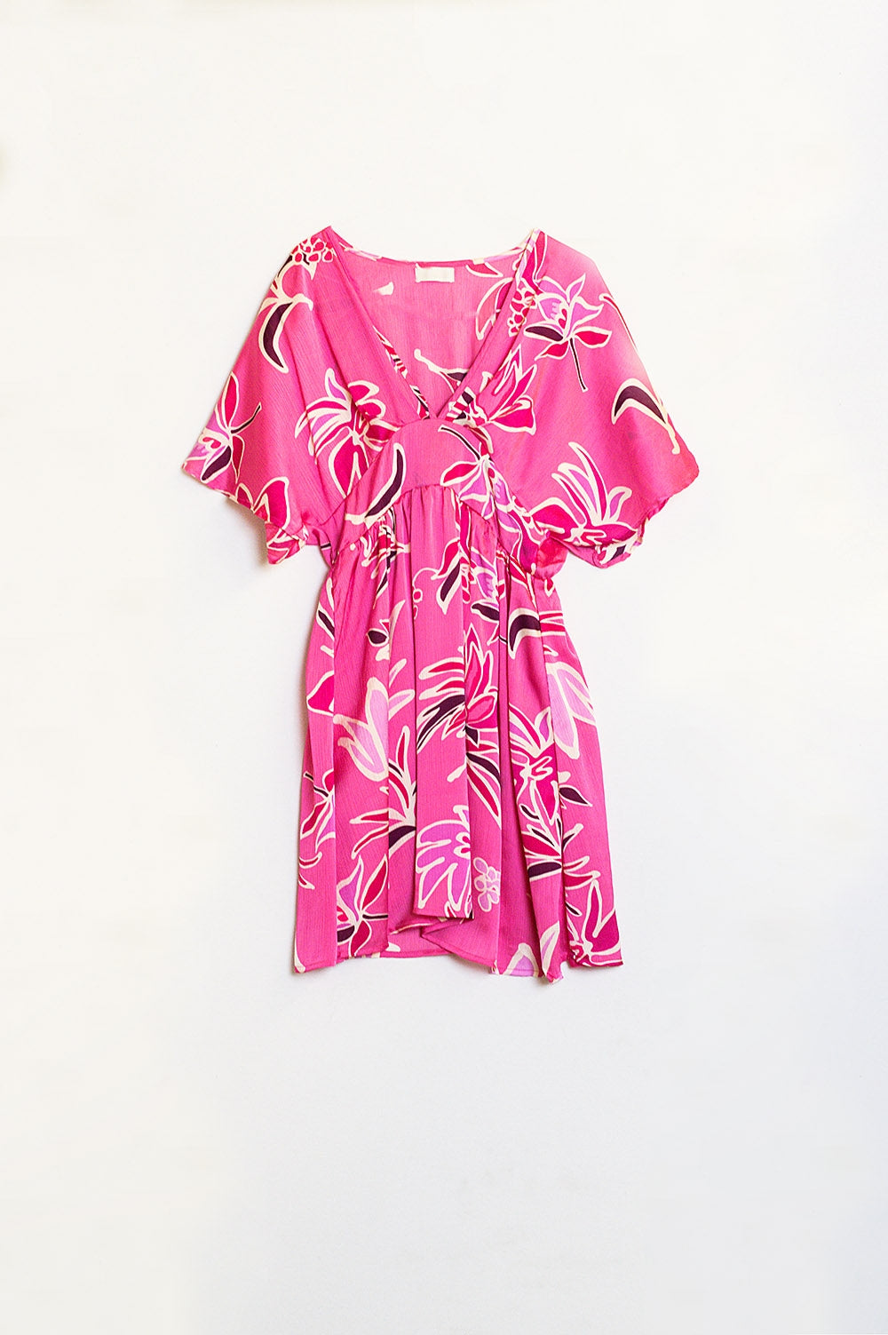 Pink Short Dress With Flower Print And V-neckline - Dresses