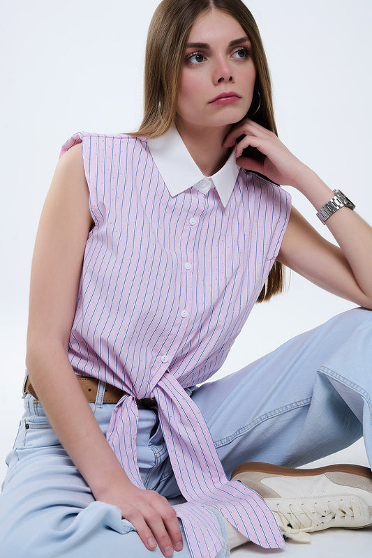 Pink Sleeveless Crop Top With Front Knot - Crop Tops