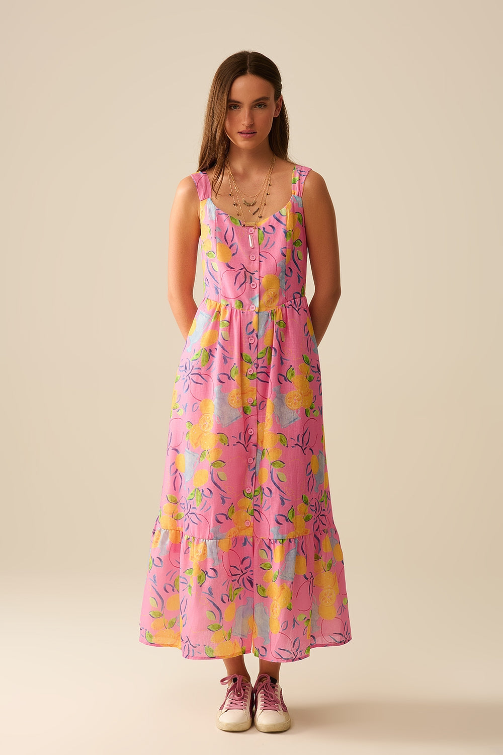 Pink Sleeveless maxi Dress with Lemon Print - Dresses