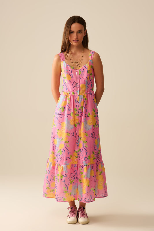 Pink Sleeveless maxi Dress with Lemon Print - Dresses