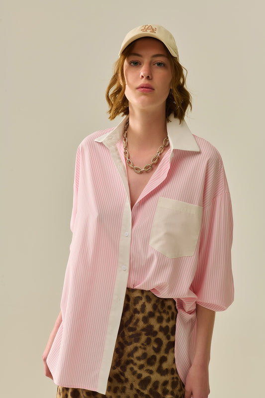 Pink Striped Shirt with pocket and white collar - Shirts