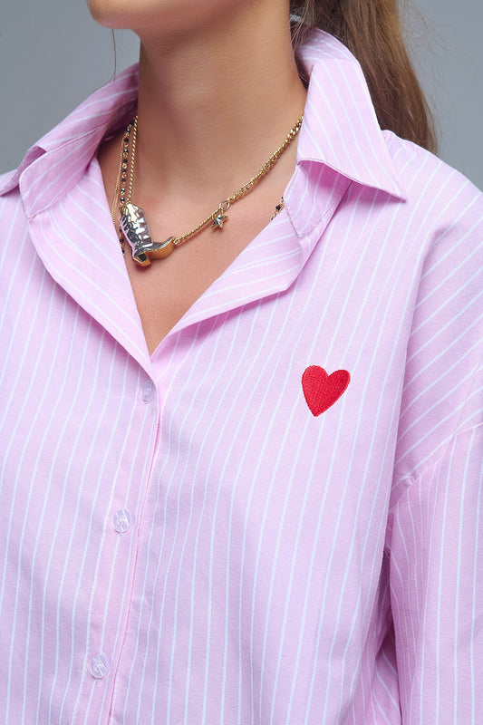 Pink Striped shirt with red heart embroidery - Shirts