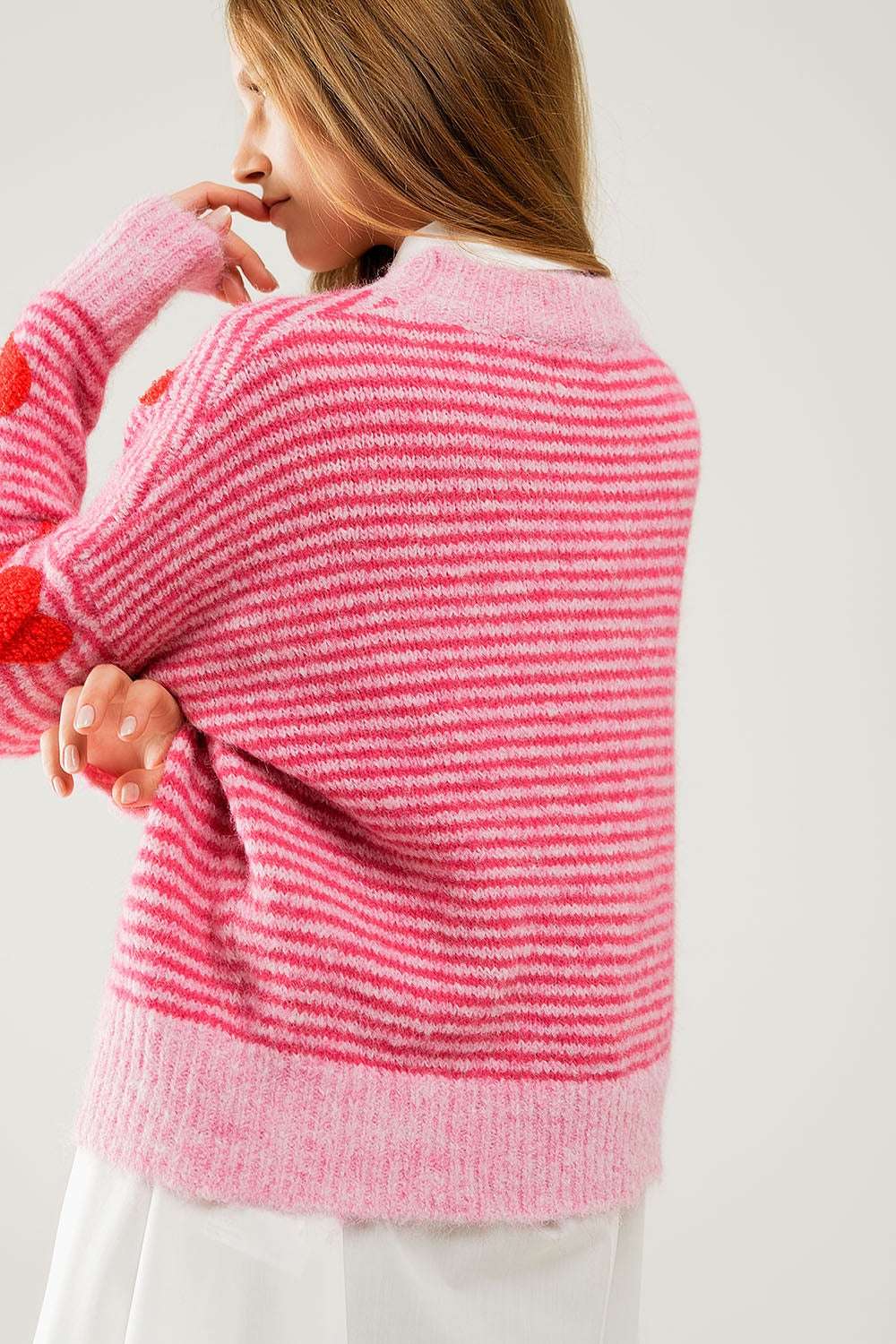 pink striped Sweater with hearts in red color - Sweaters