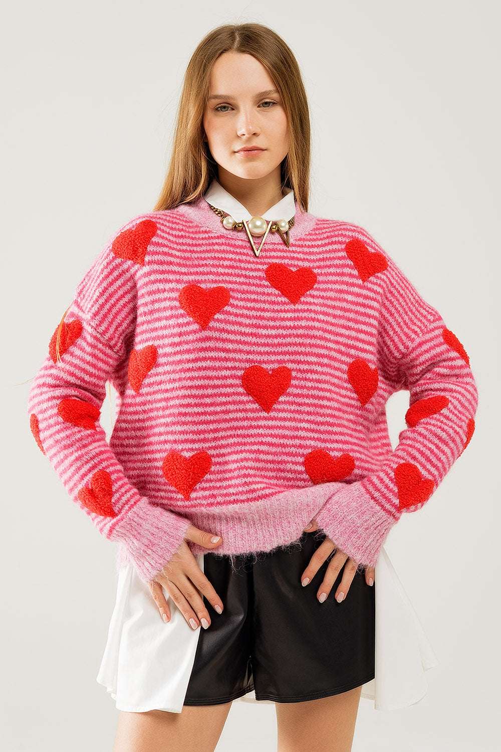 pink striped Sweater with hearts in red color - Sweaters