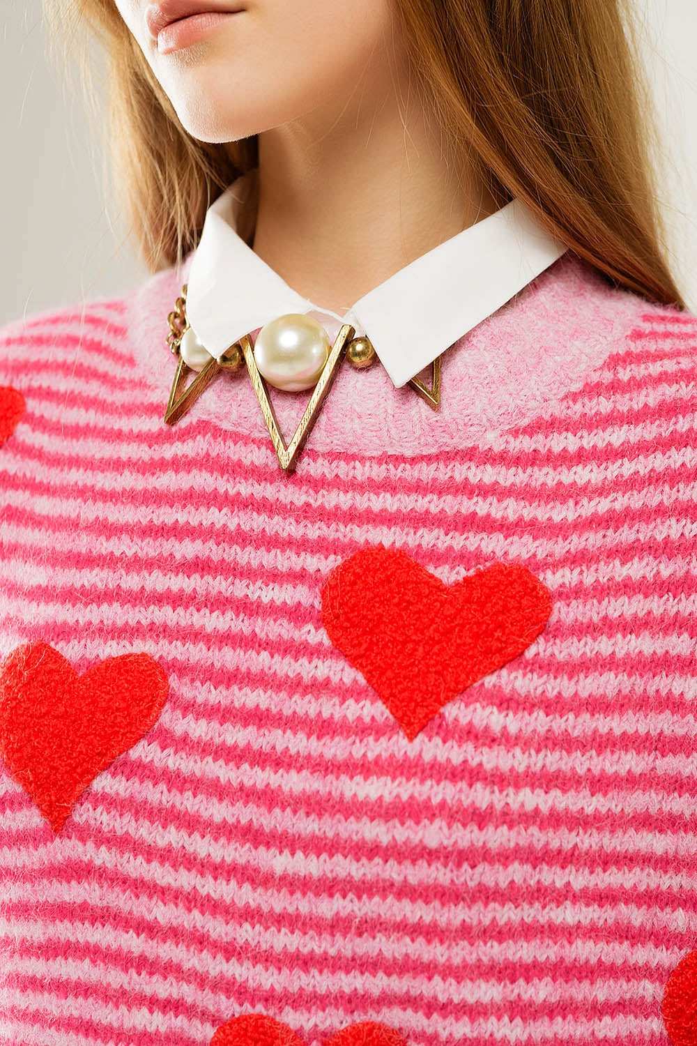 pink striped Sweater with hearts in red color - Sweaters