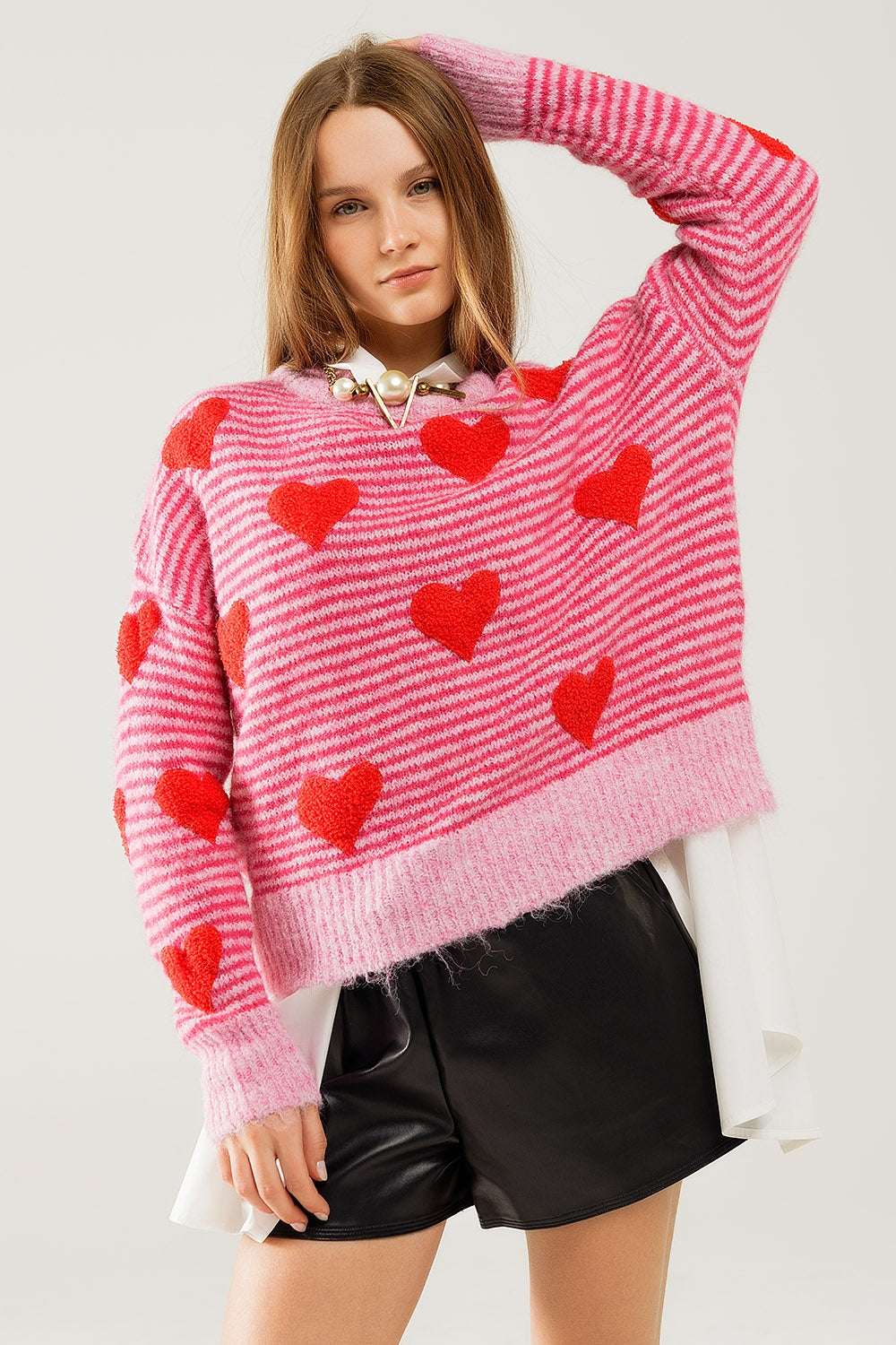 pink striped Sweater with hearts in red color - Sweaters