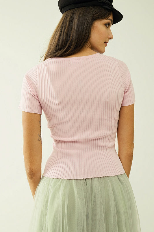 Pink sweater with crossed front and V-neck - T-shirts