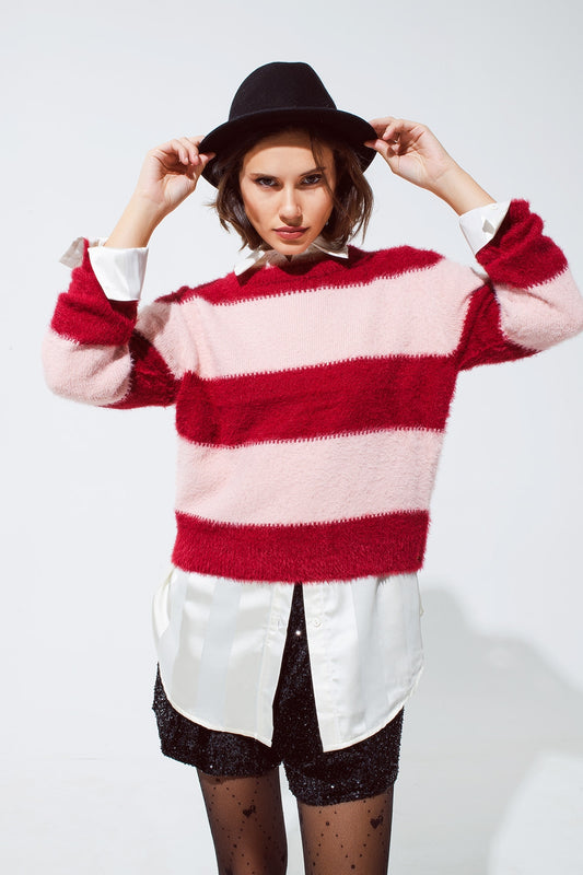 Pink sweater with stripes and a crew neck - Jumpers