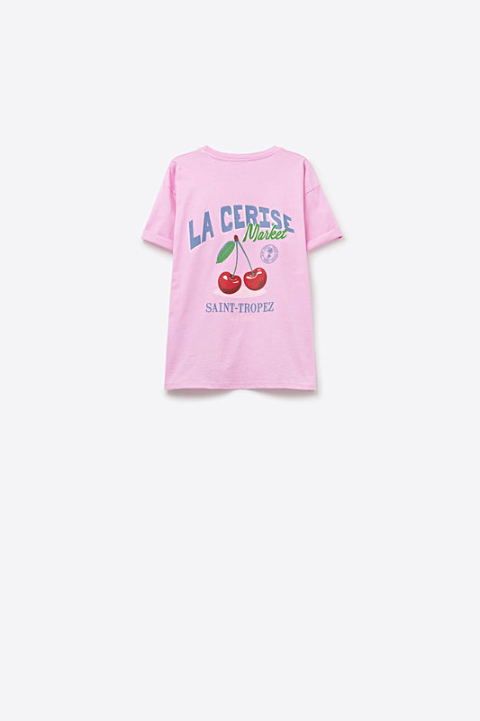Pink T-shirt with La Cerise Market Saint-Tropez graphic - Tops