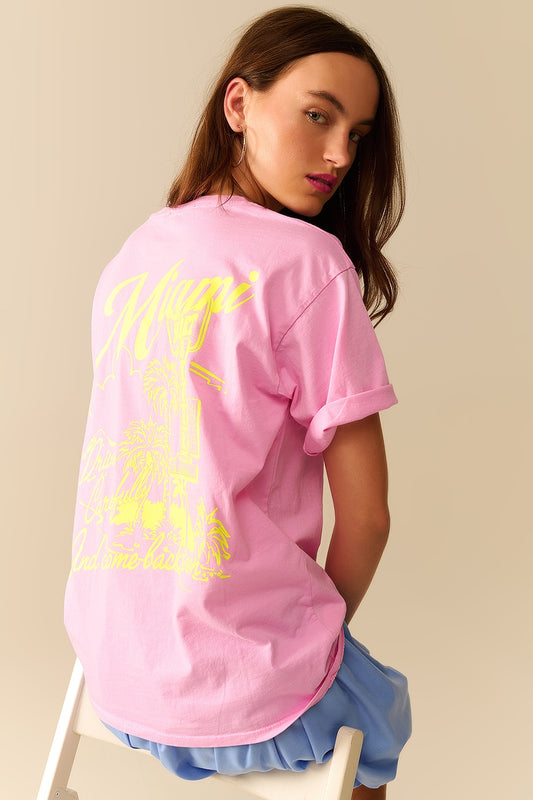pink T-shirt with Miami logo print in yellow - T-Shirts