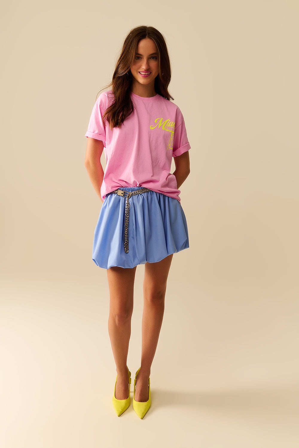 pink T-shirt with Miami logo print in yellow - T-Shirts
