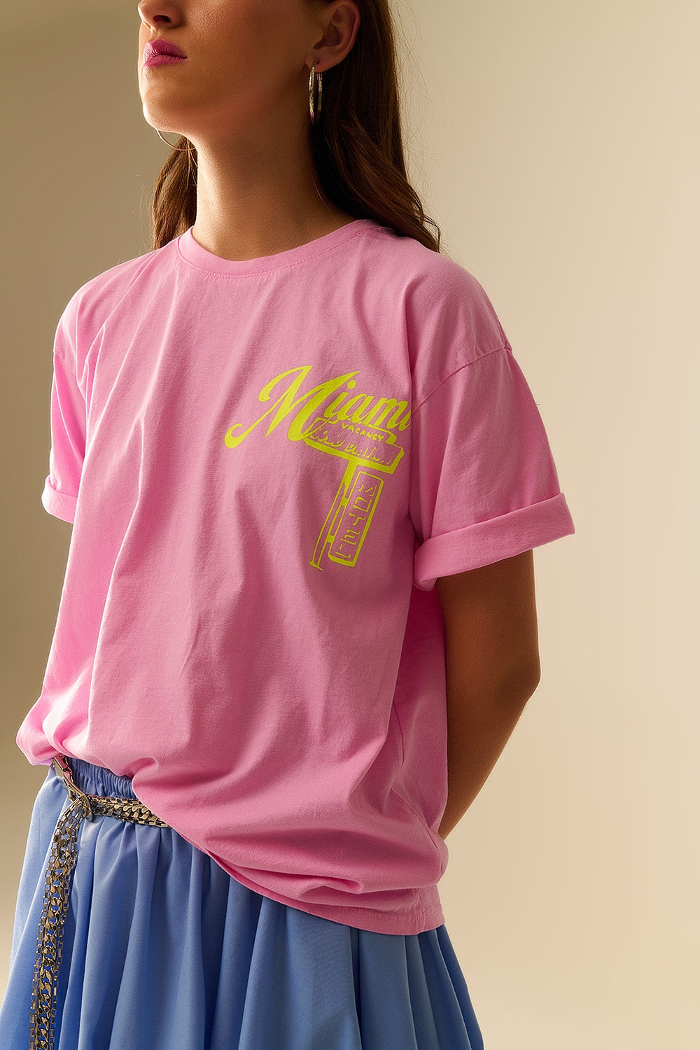 pink T-shirt with Miami logo print in yellow - T-Shirts